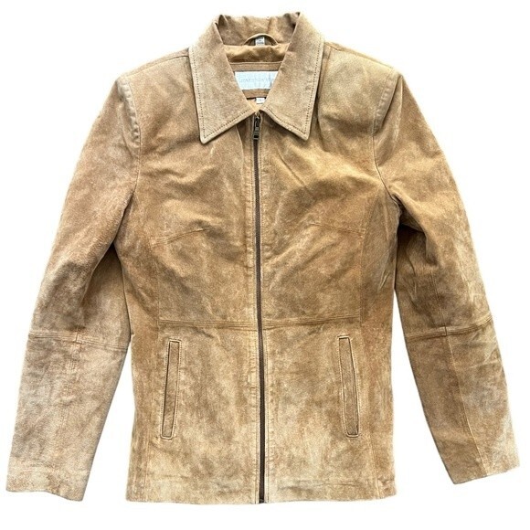 Vintage Jones New York Genuine Leather Tan Zip Up Jacket Women's size Small - Picture 1 of 10